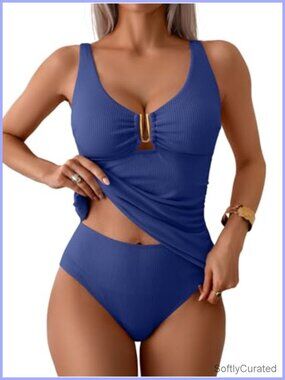 Women's Ribbed Tummy Control Tankini Swimsuit Set V Neck Two Piece Bathing Suit